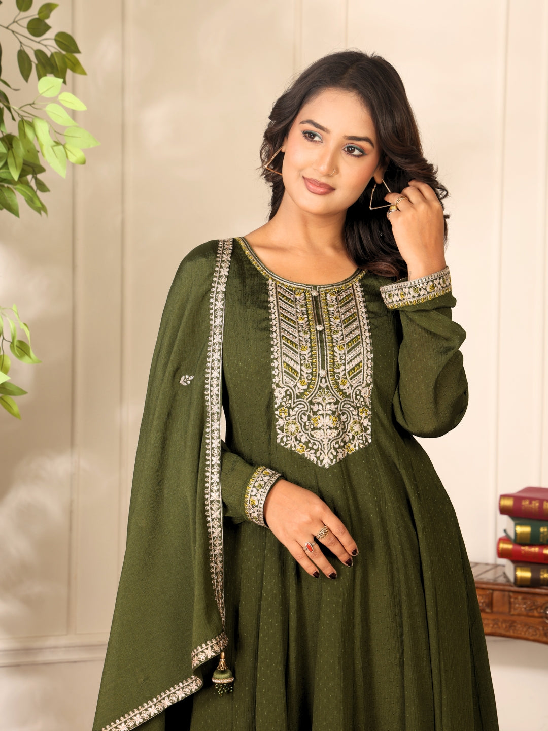 Label khoj Chinon butti Anarkali kurta With Pant and Dupatta Set