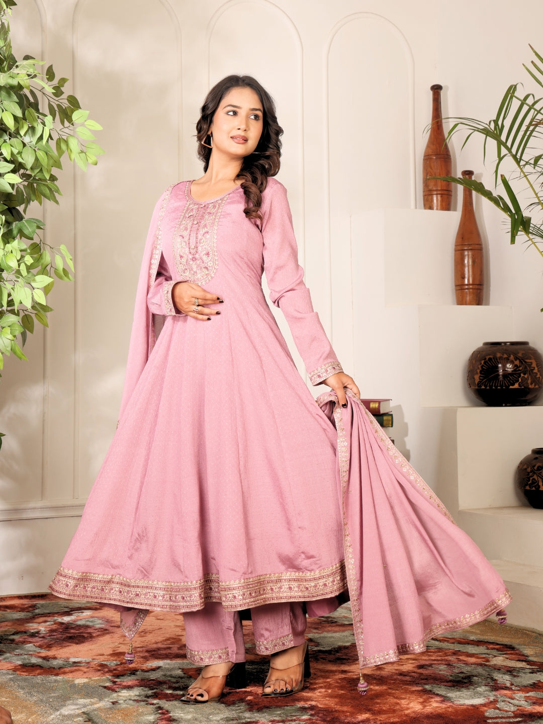 Label khoj Chinon butti Anarkali kurta With Pant and Dupatta Set