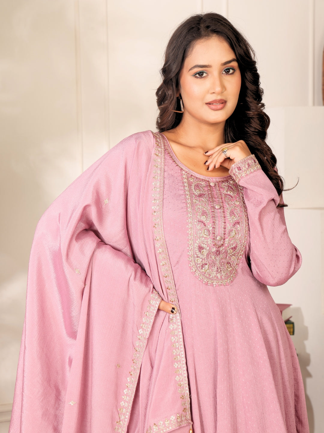 Label khoj Chinon butti Anarkali kurta With Pant and Dupatta Set