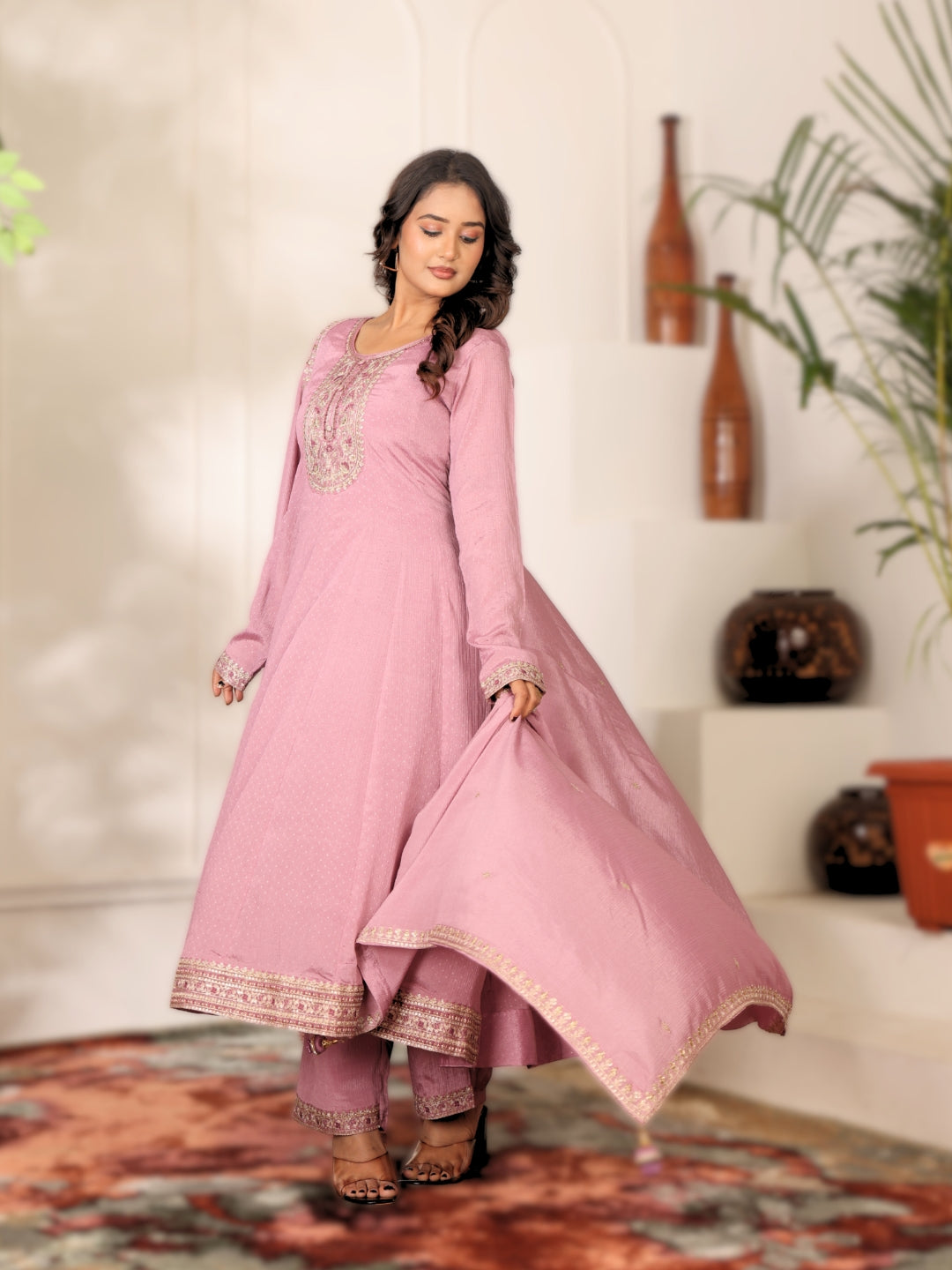 Label khoj Chinon butti Anarkali kurta With Pant and Dupatta Set