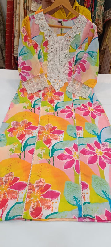 Label khoj linen printed kurti with Crochio neck work