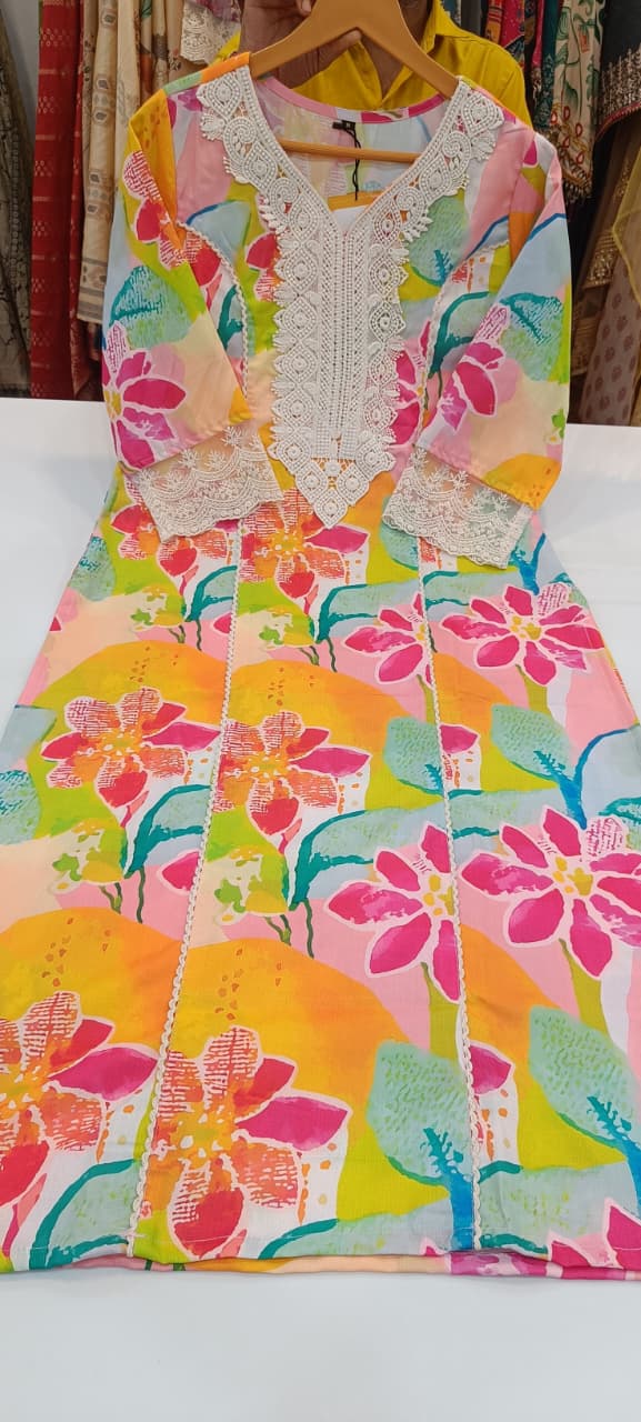 Label khoj linen printed kurti with Crochio neck work