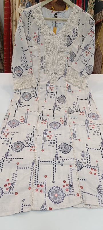 Label khoj linen printed kurti with Crochio neck work