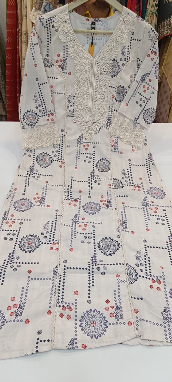 Label khoj linen printed kurti with Crochio neck work