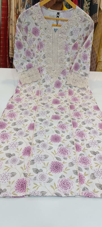 Label khoj linen printed kurti with Crochio neck work