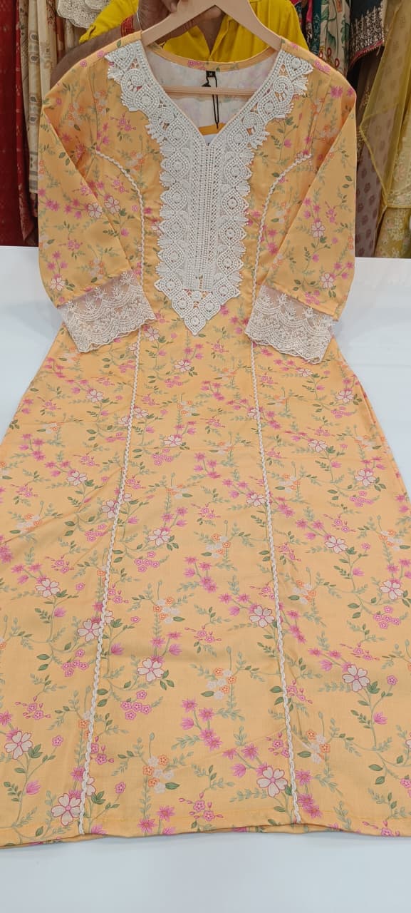 Label khoj linen printed kurti with Crochio neck work