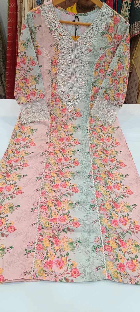 Label khoj linen printed kurti with Crochio neck work