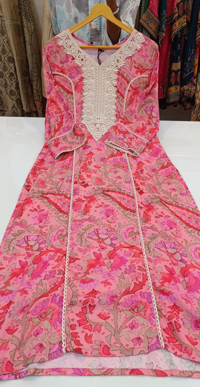 Label khoj viscose rayon printed kurti and sleeve lace