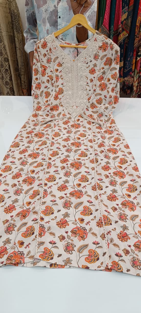 Label khoj viscose rayon printed kurti and sleeve lace