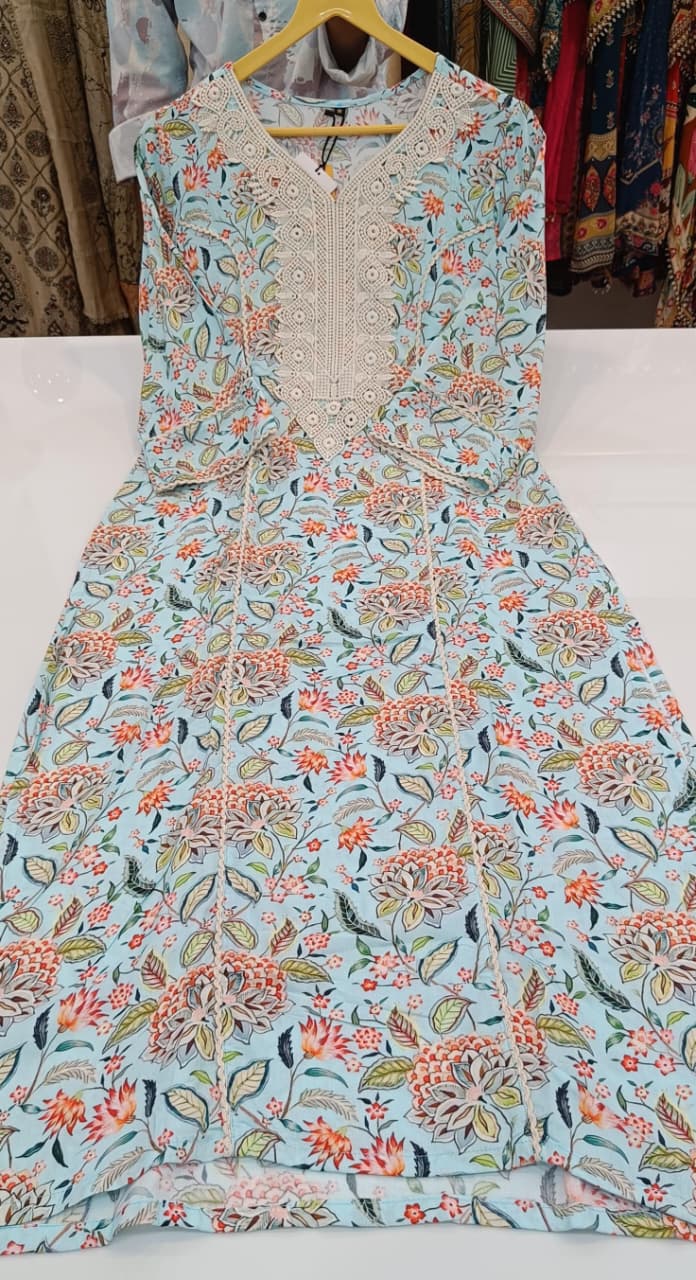 Label khoj viscose rayon printed kurti and sleeve lace