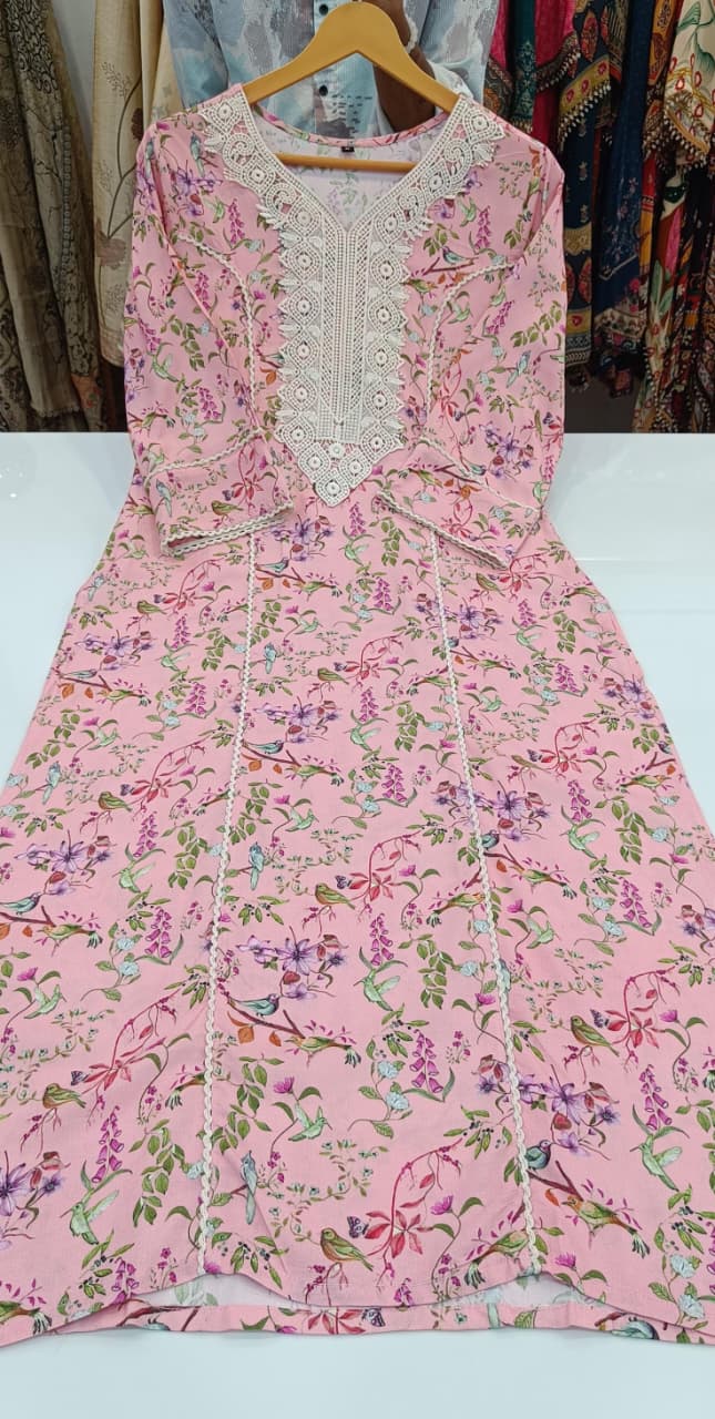 Label khoj viscose rayon printed kurti and sleeve lace