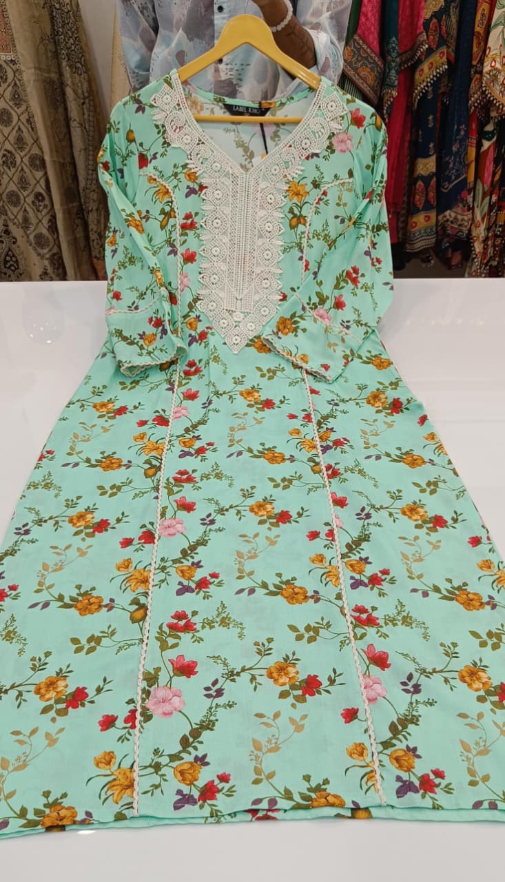 Label khoj viscose rayon printed kurti and sleeve lace