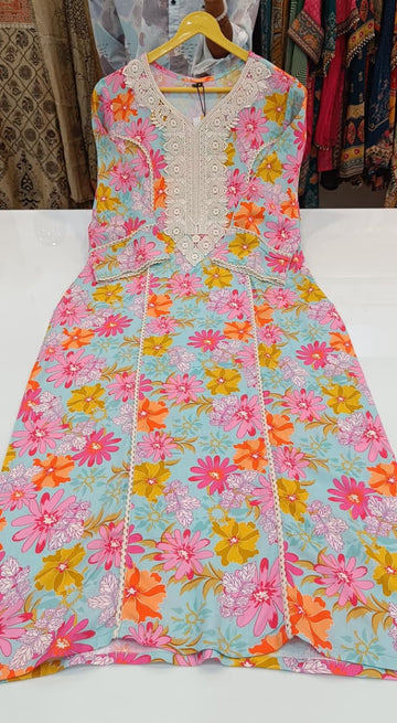 Label khoj viscose rayon printed kurti and sleeve lace