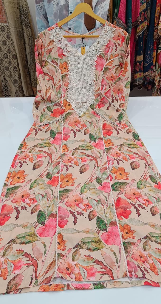 Label khoj viscose rayon printed kurti and sleeve lace