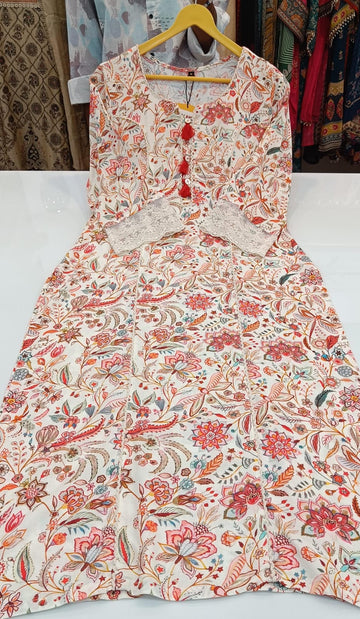 Label khoj viscose rayon printed kurti and sleeve lace