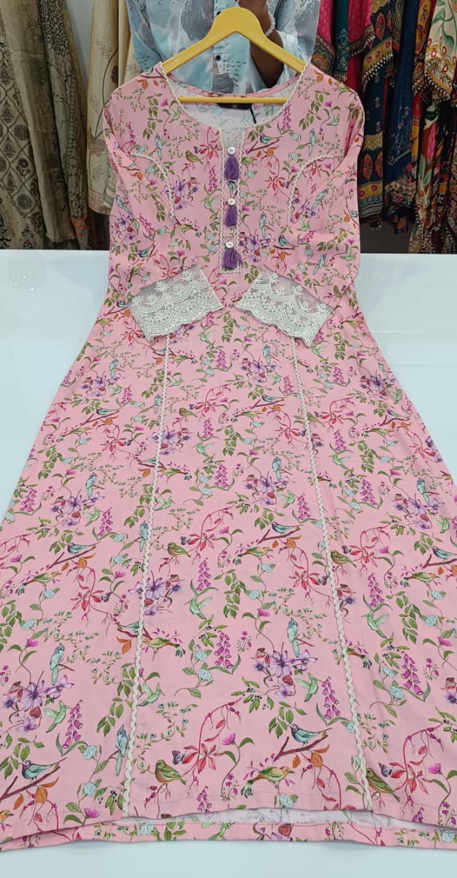 Label khoj viscose rayon printed kurti and sleeve lace
