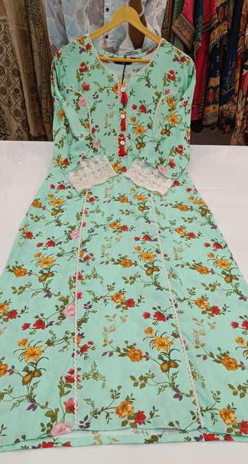 Label khoj viscose rayon printed kurti and sleeve lace