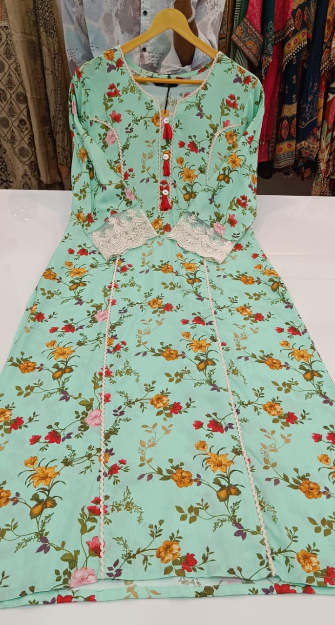 Label khoj viscose rayon printed kurti and sleeve lace