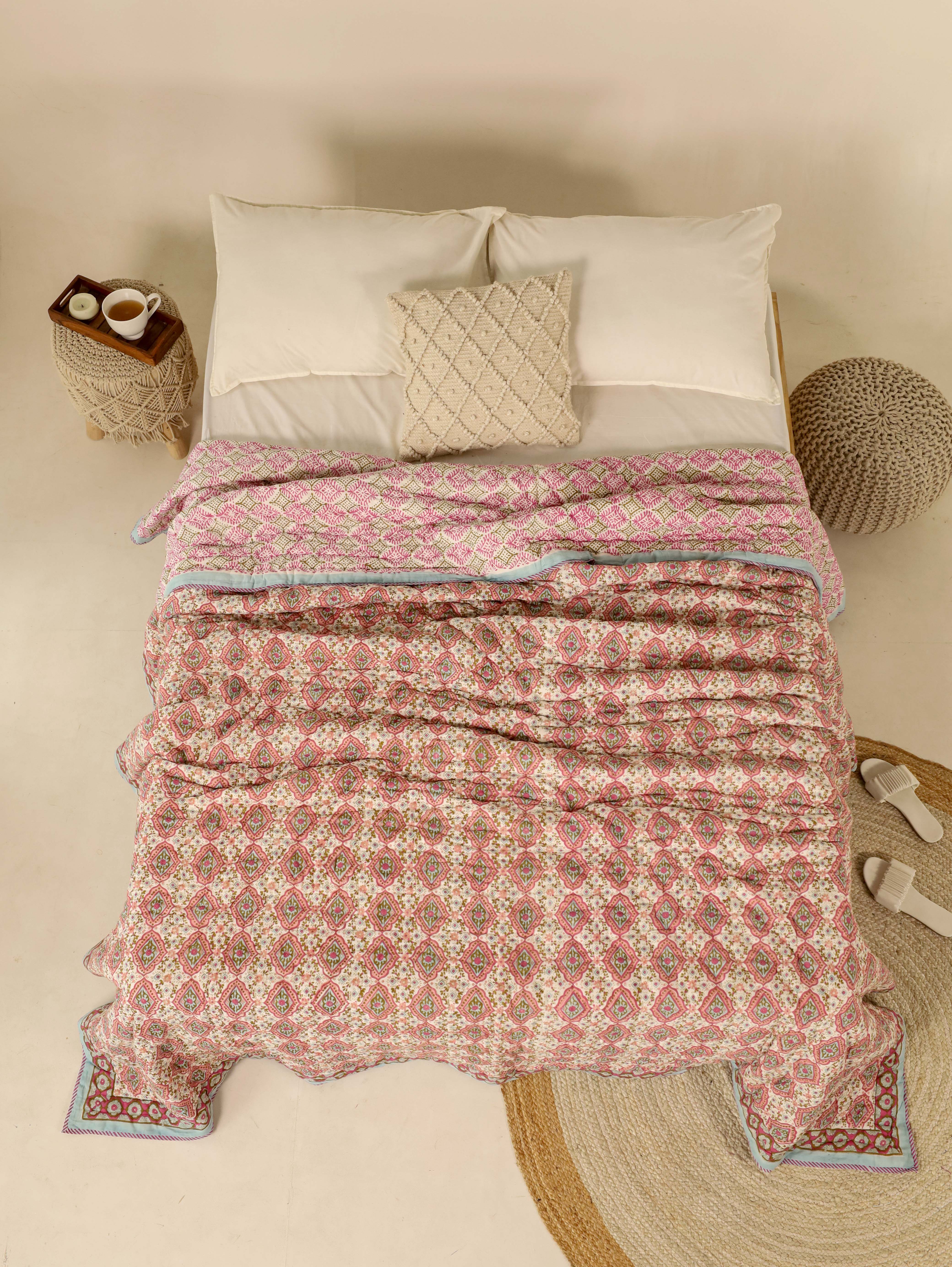 Red and Pink Reversible Quilted Bed Razai