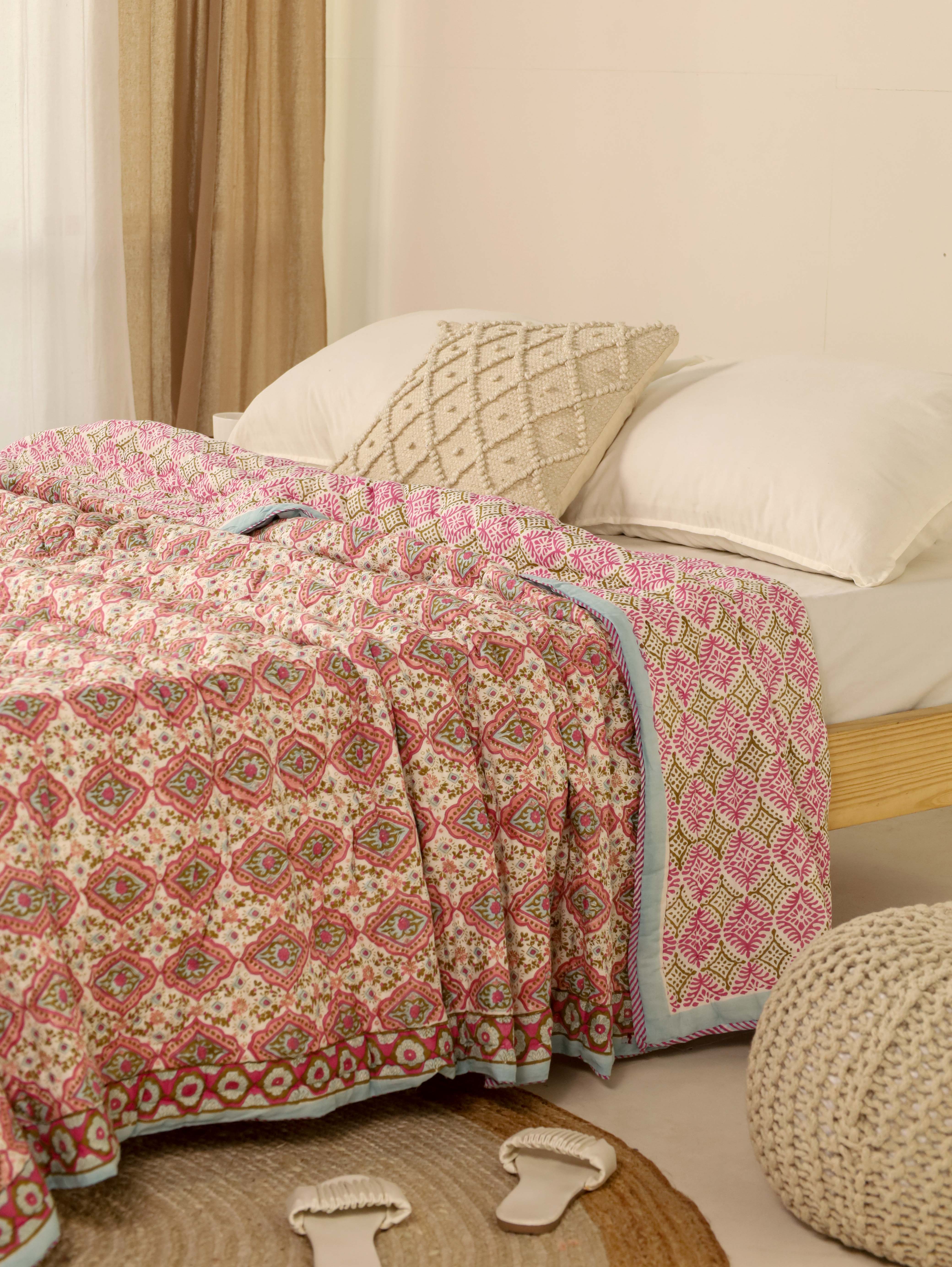 Red and Pink Reversible Quilted Bed Razai