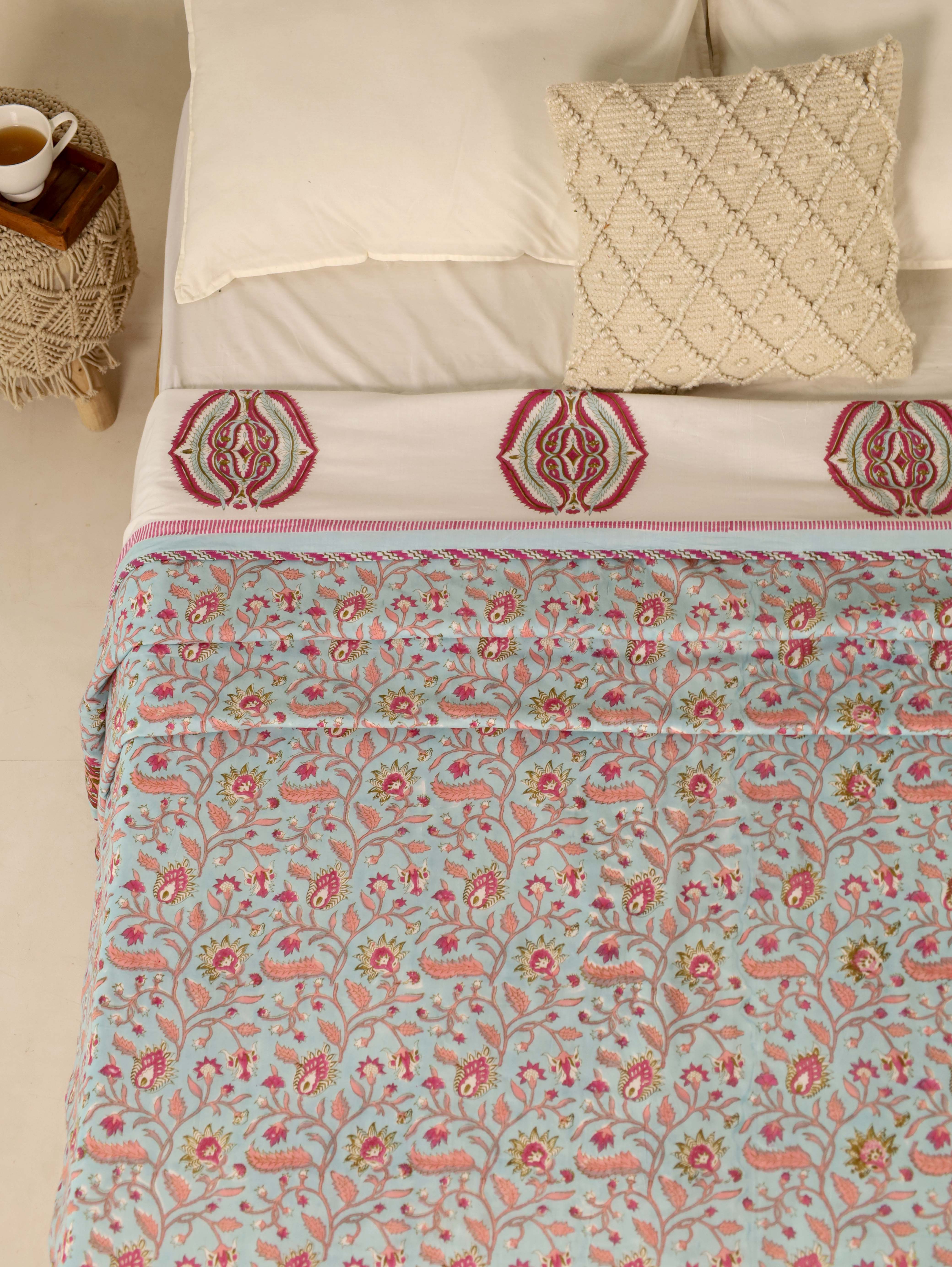 Light Blue and Maroon Dohar Reversible Bed Spreader