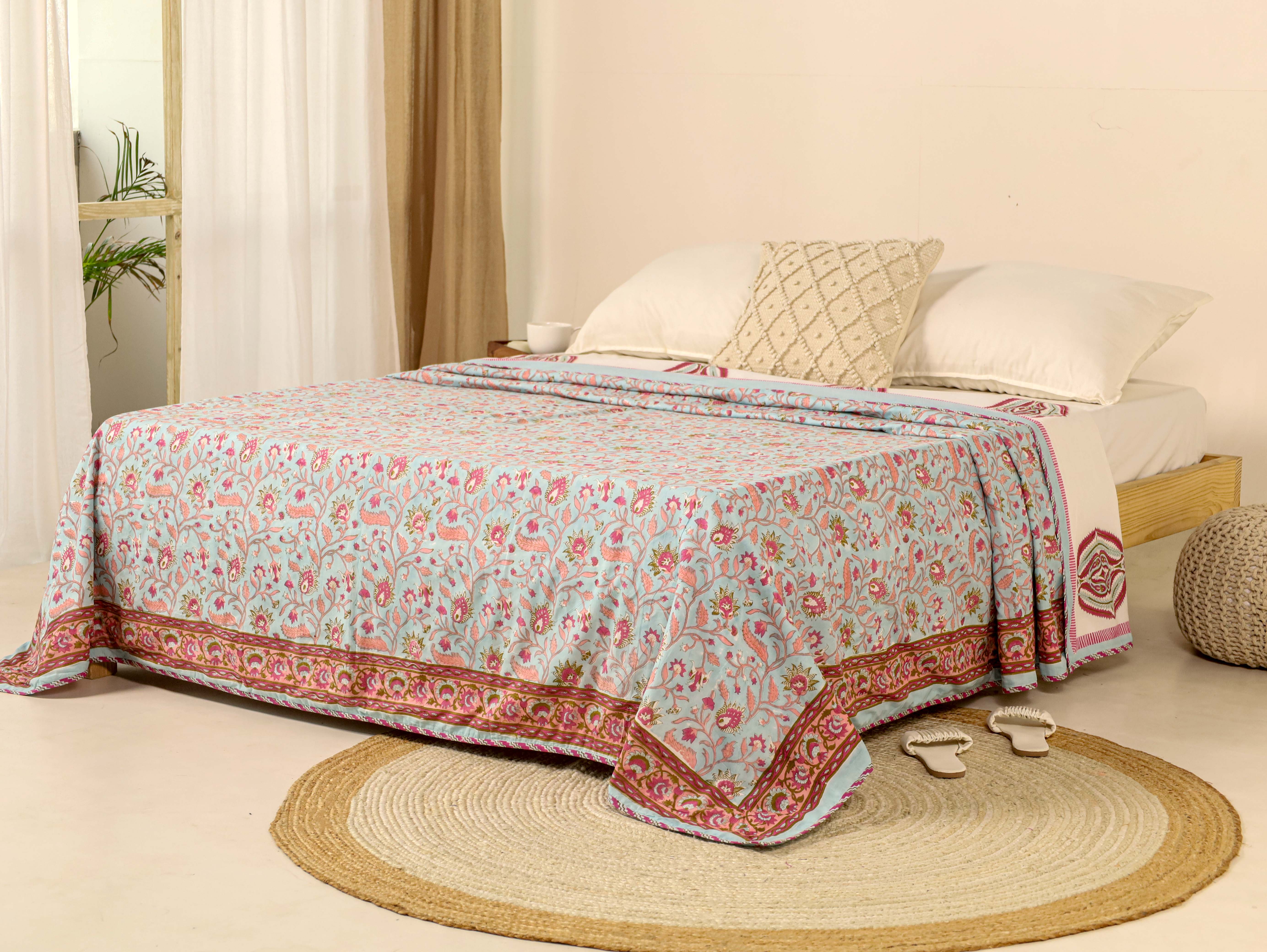 Light Blue and Maroon Dohar Reversible Bed Spreader