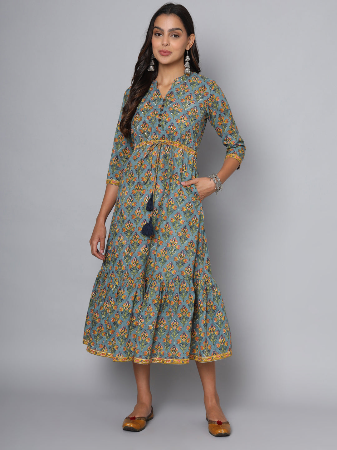 Shuddhi powder blue with mustard dress