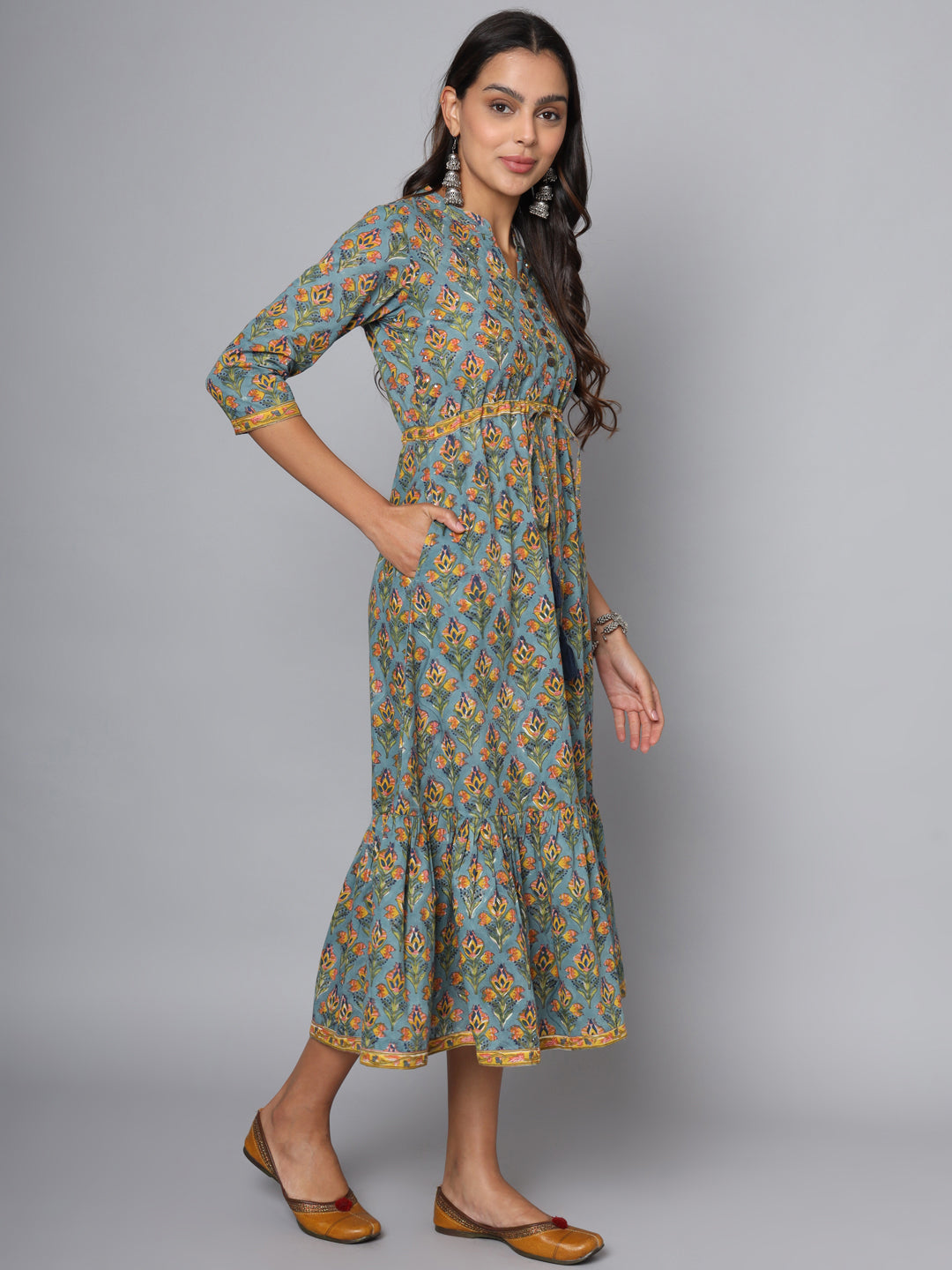 Shuddhi powder blue with mustard dress
