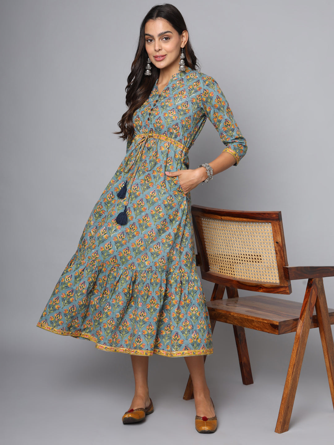Shuddhi powder blue with mustard dress