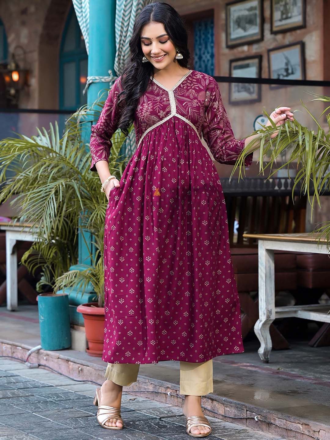 Label Khoj Women Red A line*Alia Kurti With *Pocket