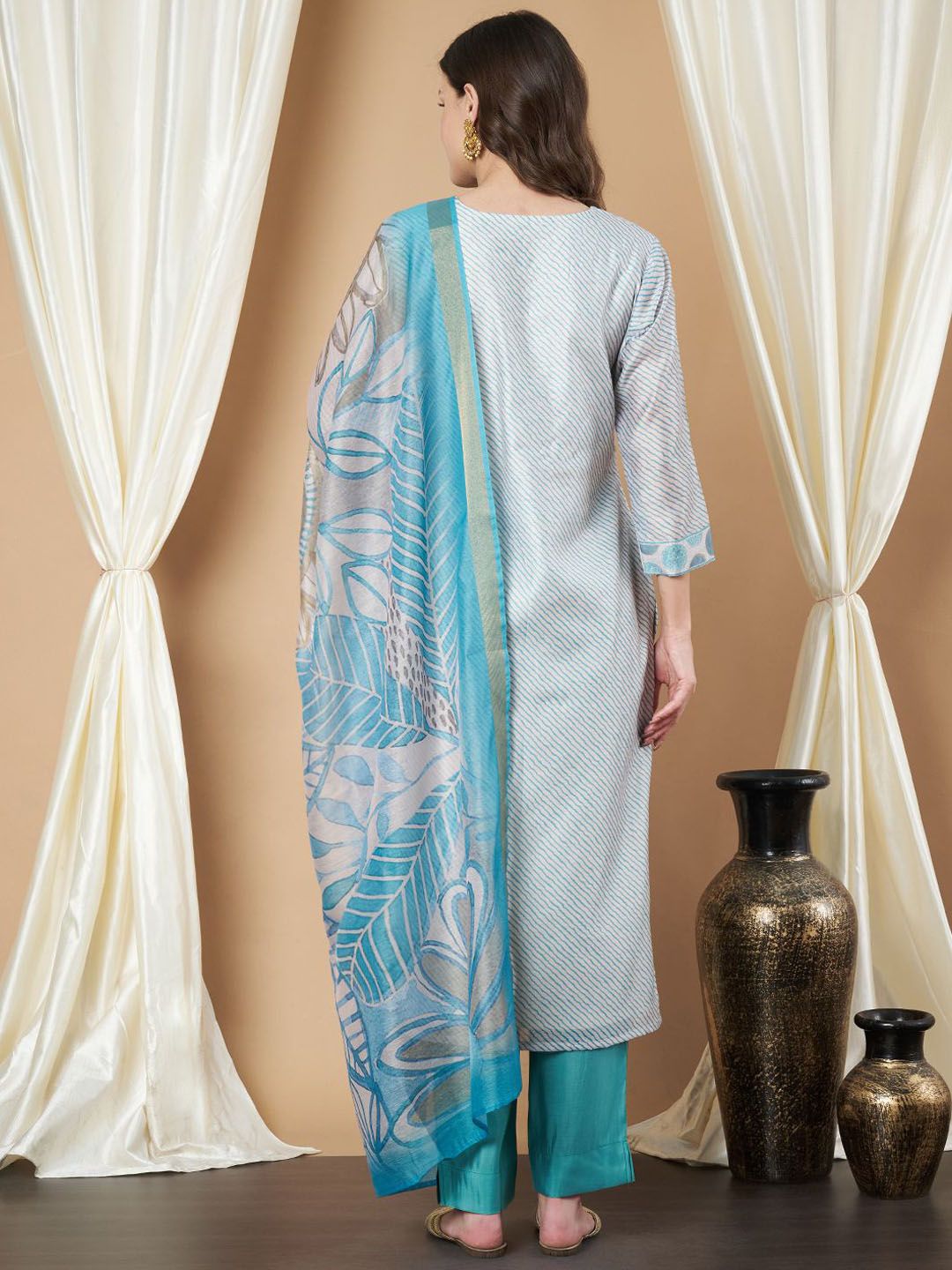Label Khoj Women's Firoji Chanderi Embroidered Kurta with Pant and Firoji Dupatta