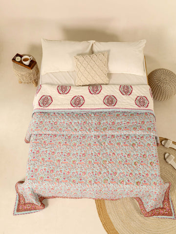 Light blue and Maroon Reversible Quilted Razai