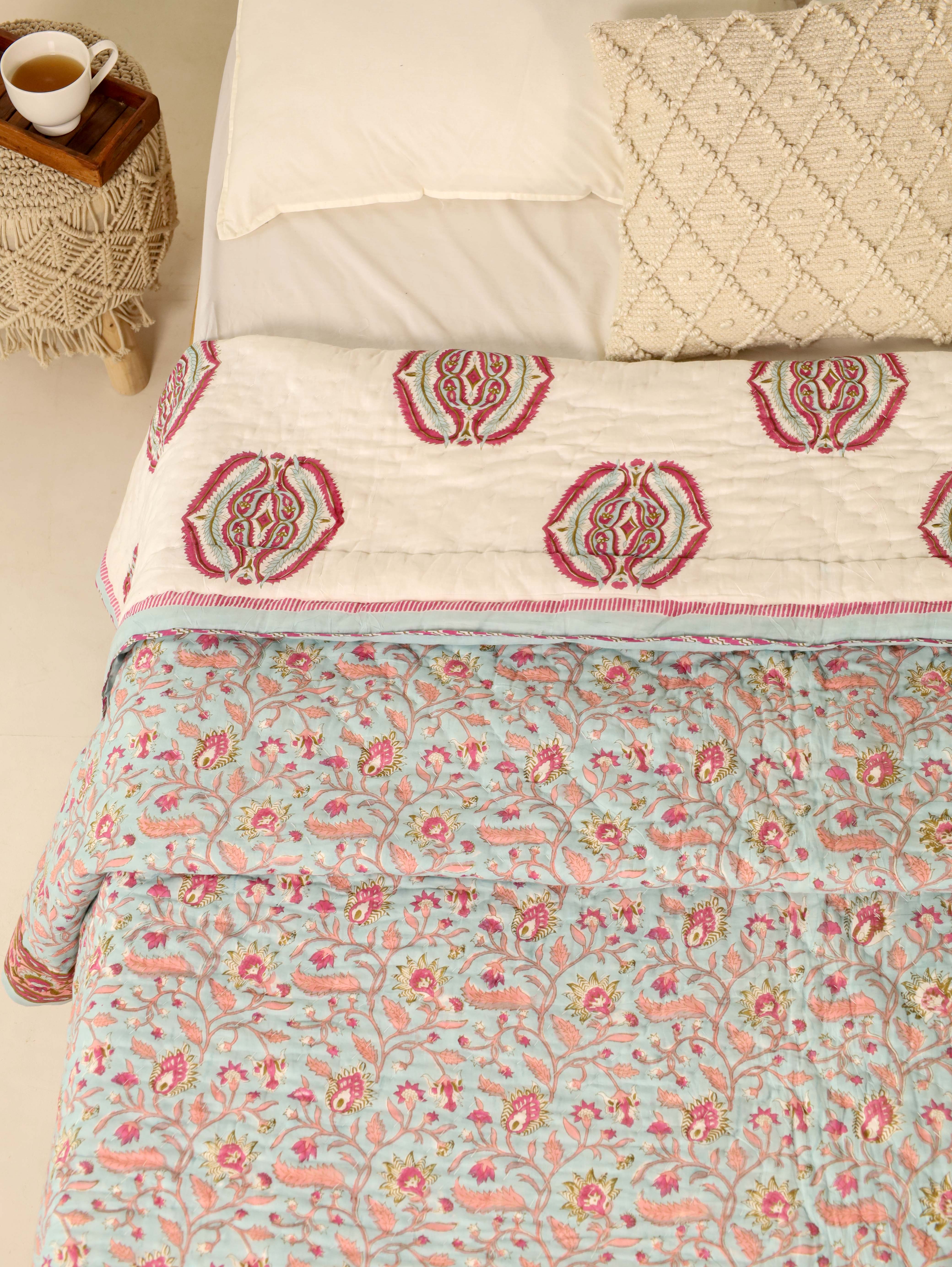 Light blue and Maroon Reversible Quilted Razai