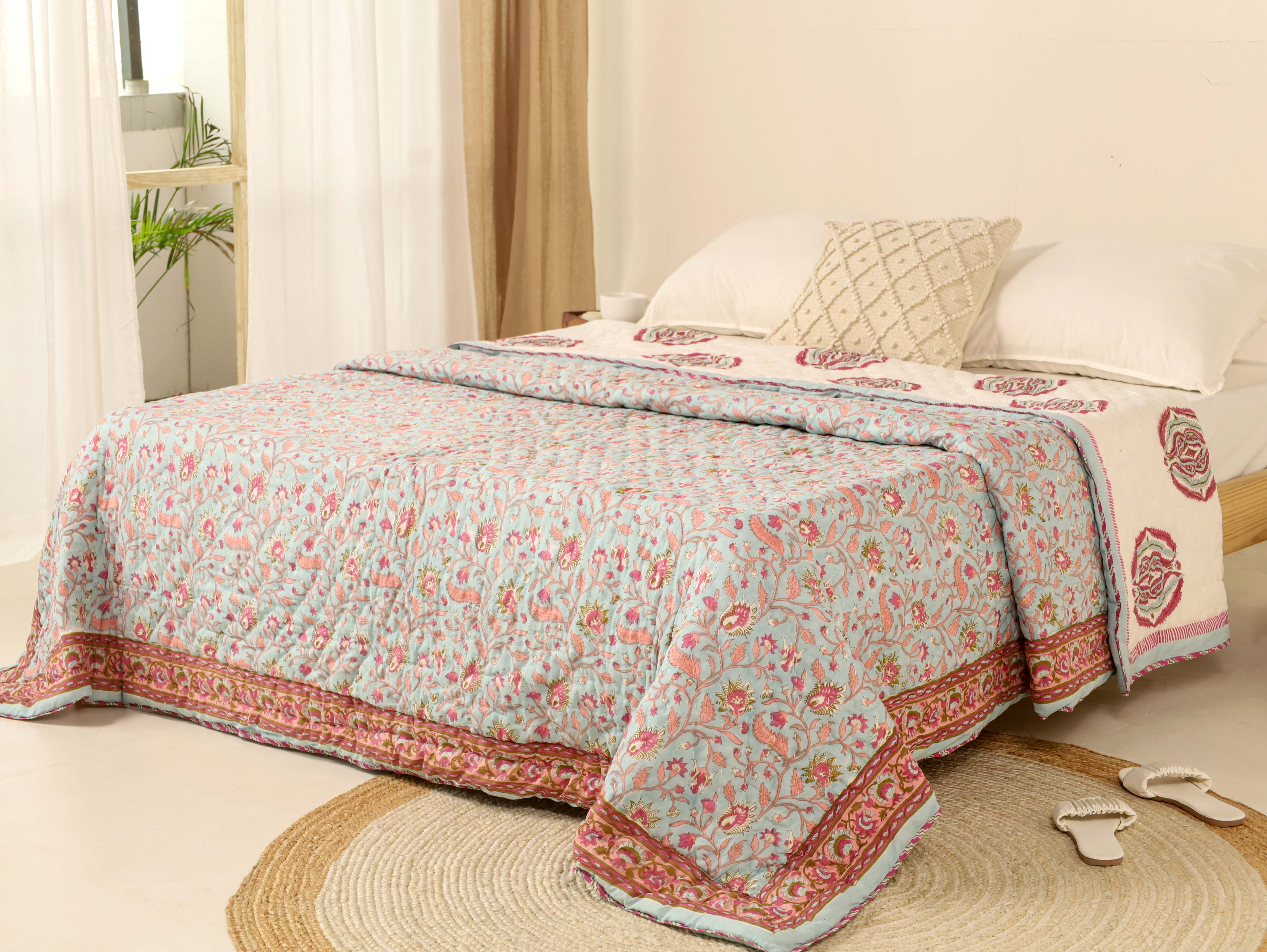 Light blue and Maroon Reversible Quilted Razai