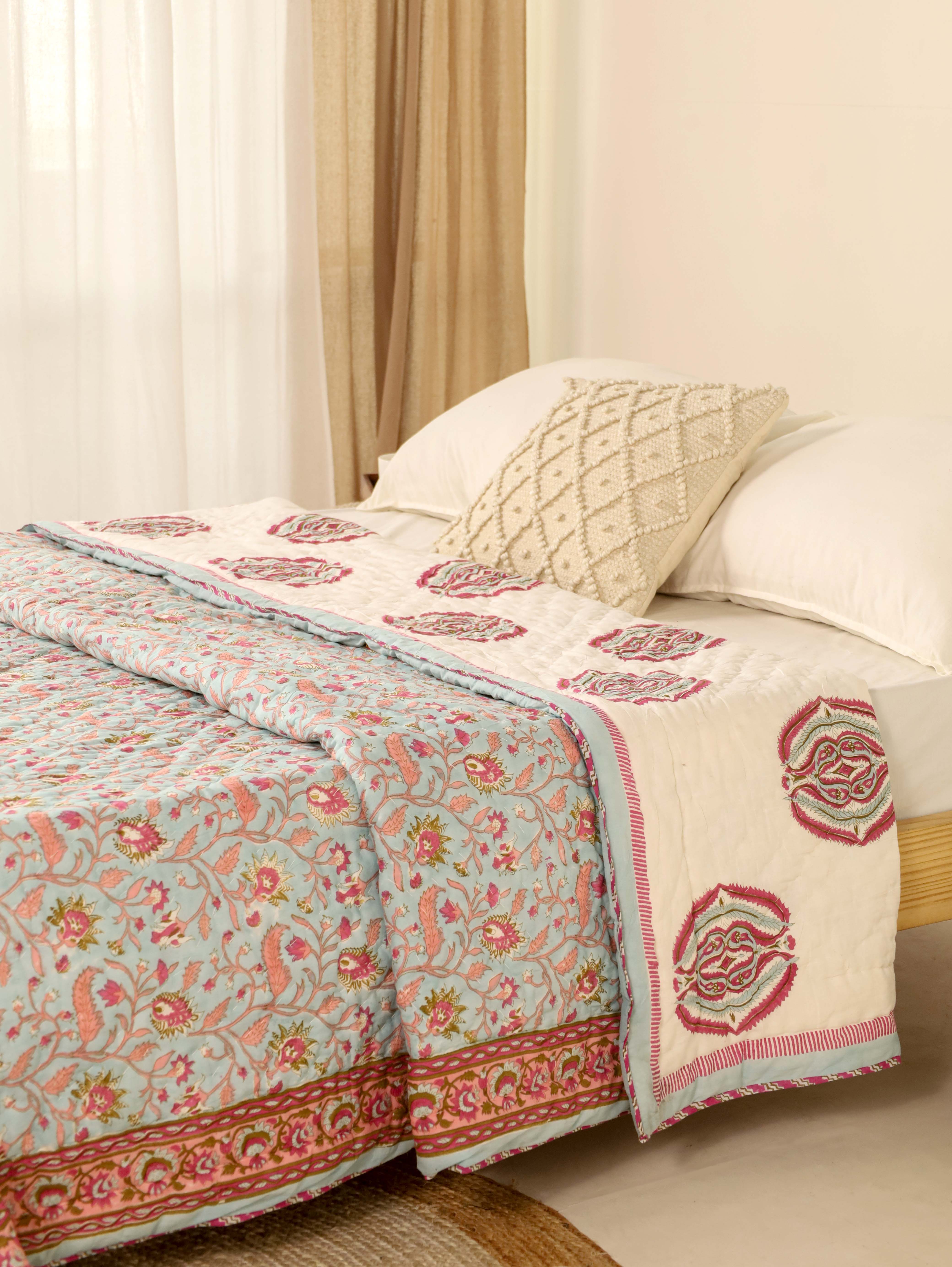 Light blue and Maroon Reversible Quilted Razai