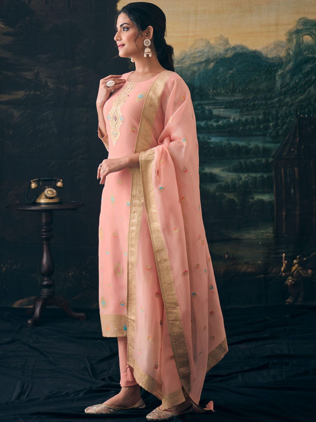 Label khoj Pure viscose Georgette silk with heavy Meena and handwork kurta set