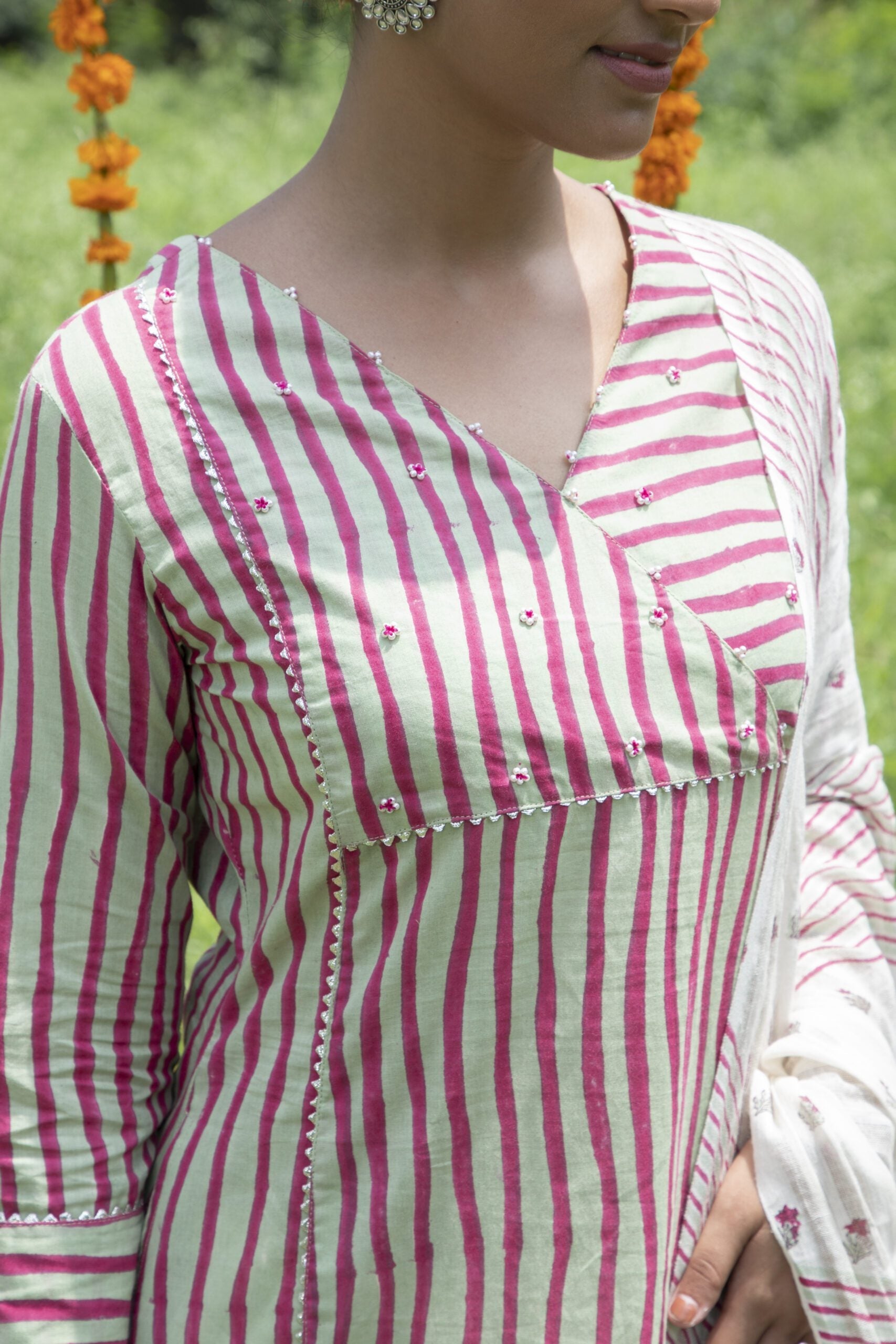 Shuddhi Pink And Green Stripes A line  Kurta Duppatta Set