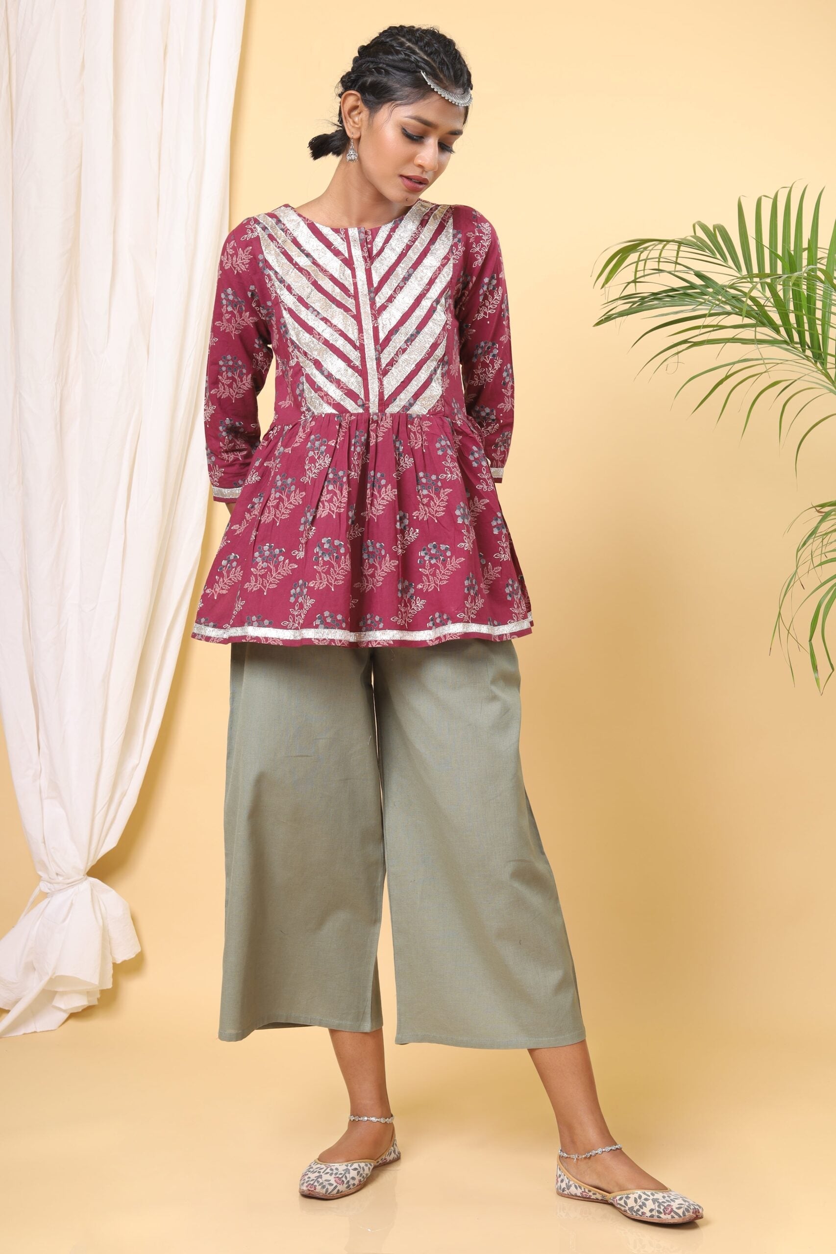 Wine Colour Gota Detailed Handblock Printed Top