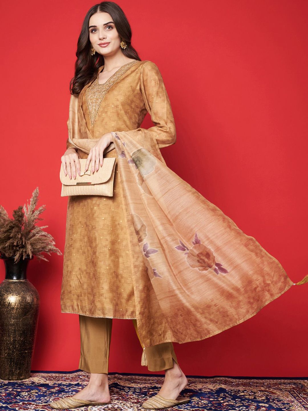 Label khoj chanderi kurta with bottom and dupptta setGold Color