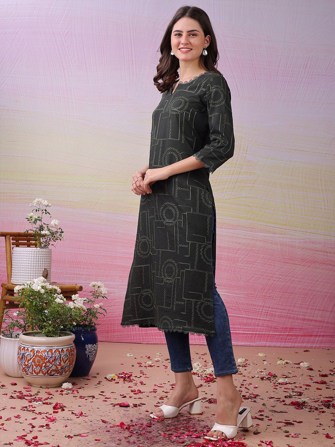 Label Khoj Women's Black Polyester Embroidered Kurta