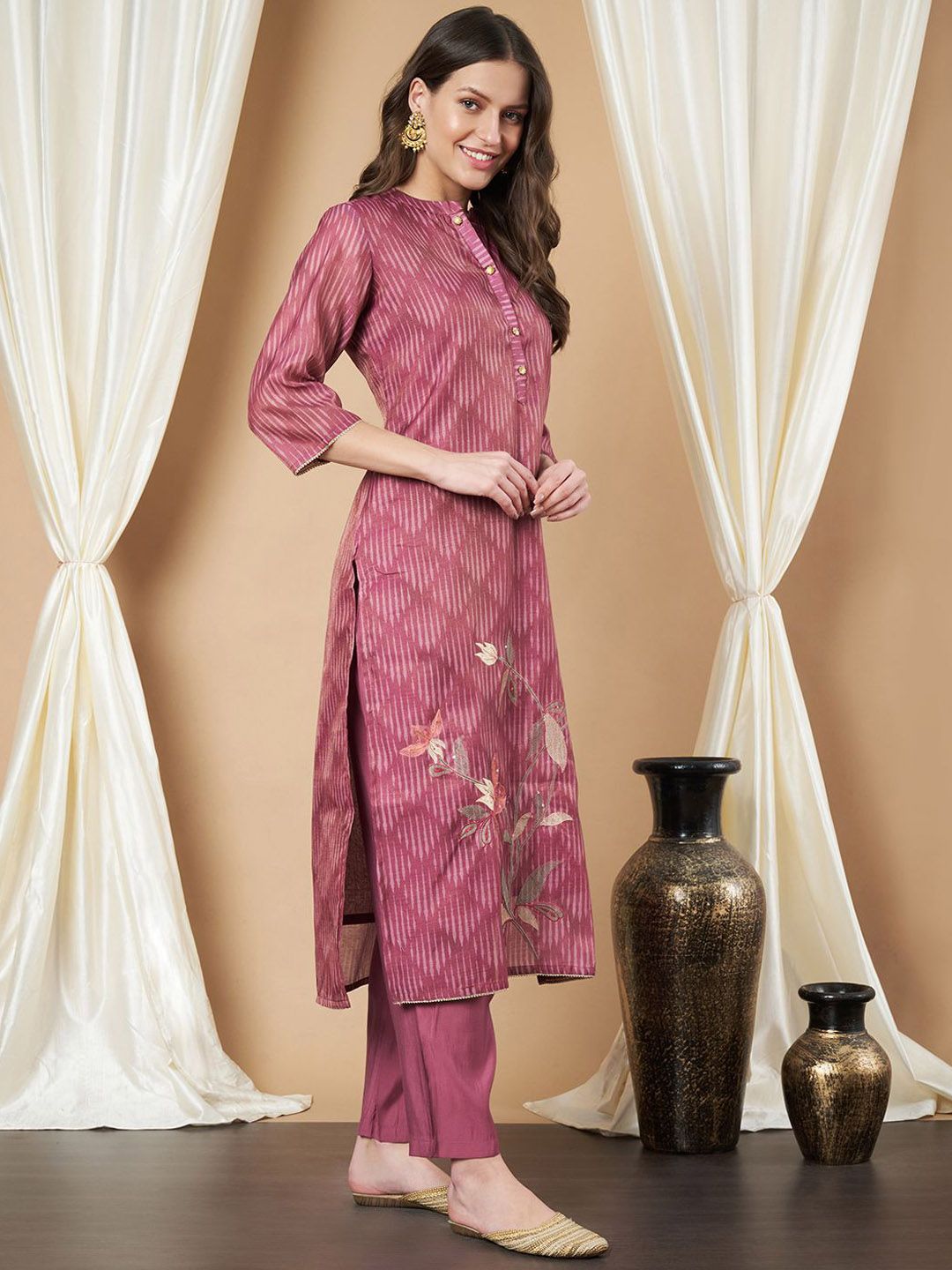 Label Khoj Women's Gajari Chanderi Button Embellished Kurta with Pant and Gajari Dupatta