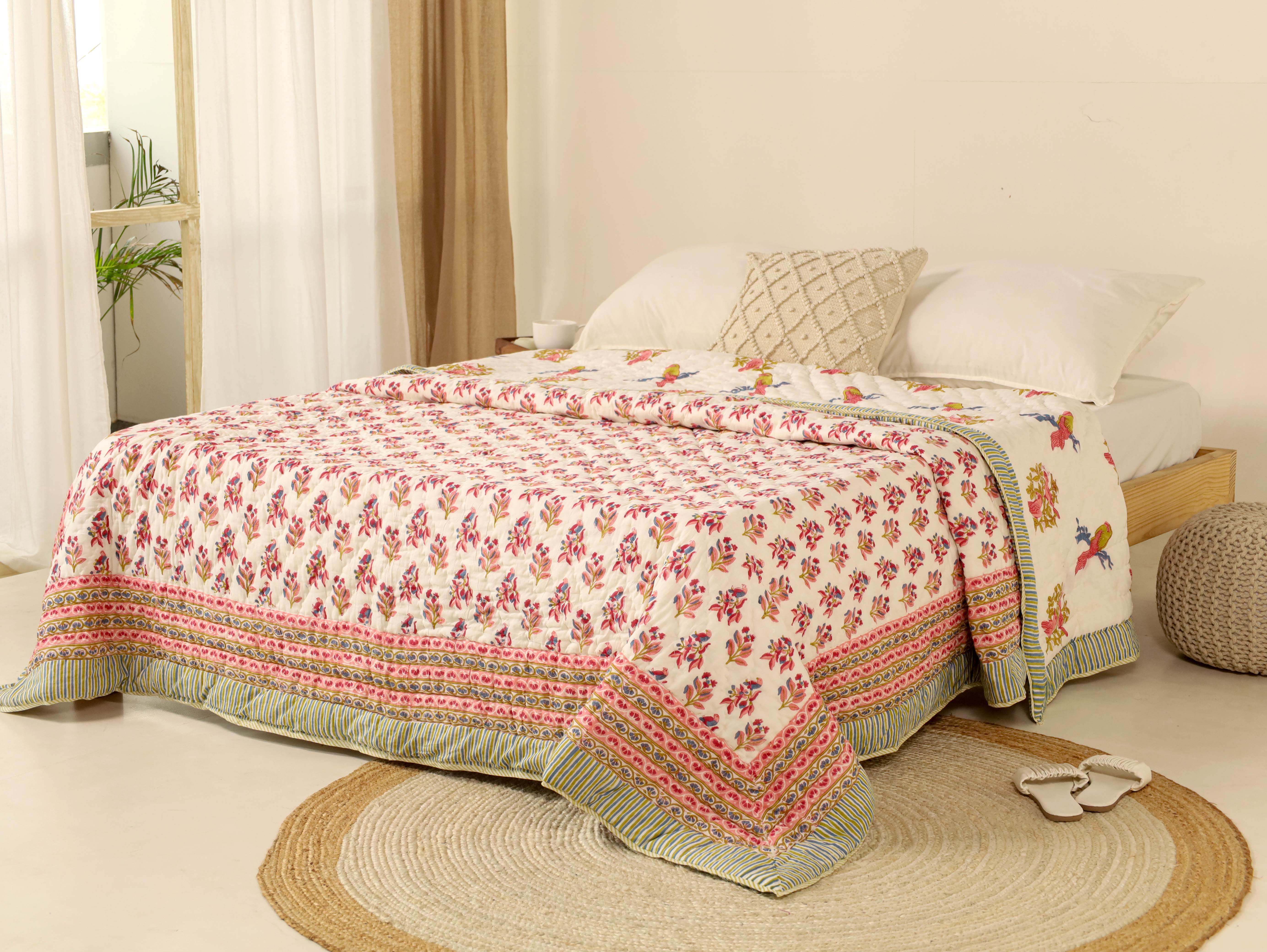 Red and Green Reversible Quilted Bed Razai