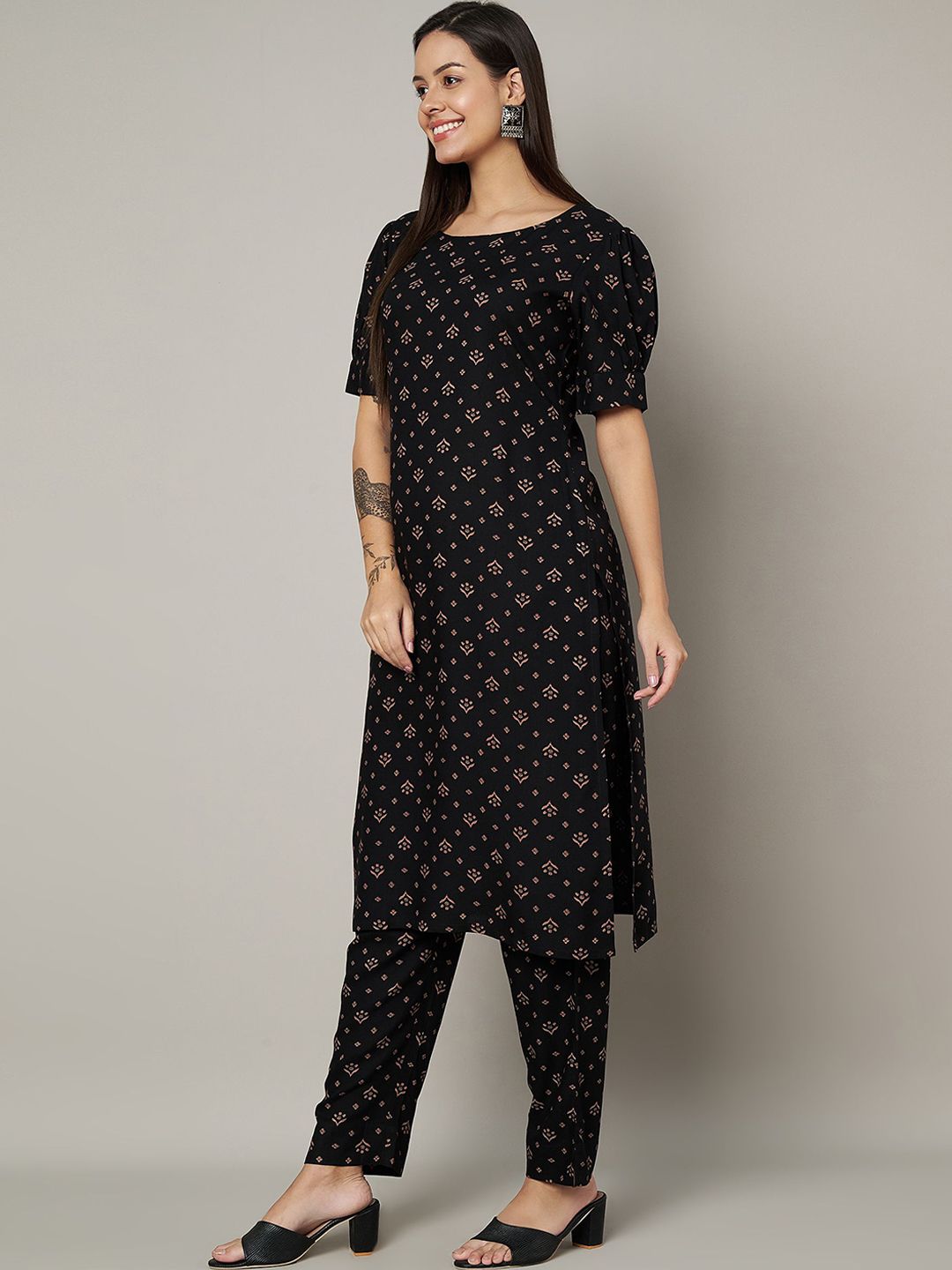 Label Khoj Womens Black Rayon Printed Coord Set