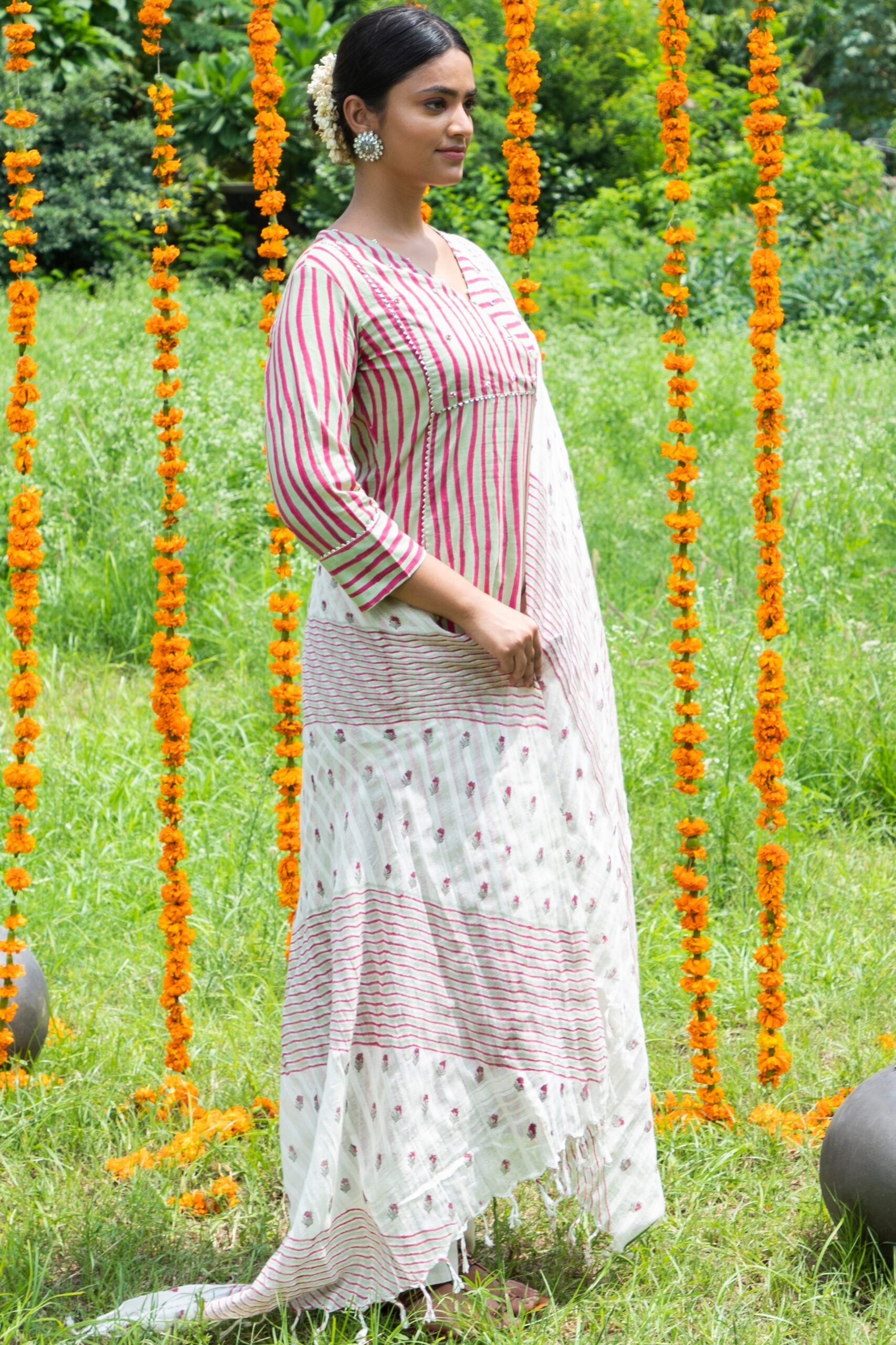 Shuddhi Pink And Green Stripes A line  Kurta Duppatta Set
