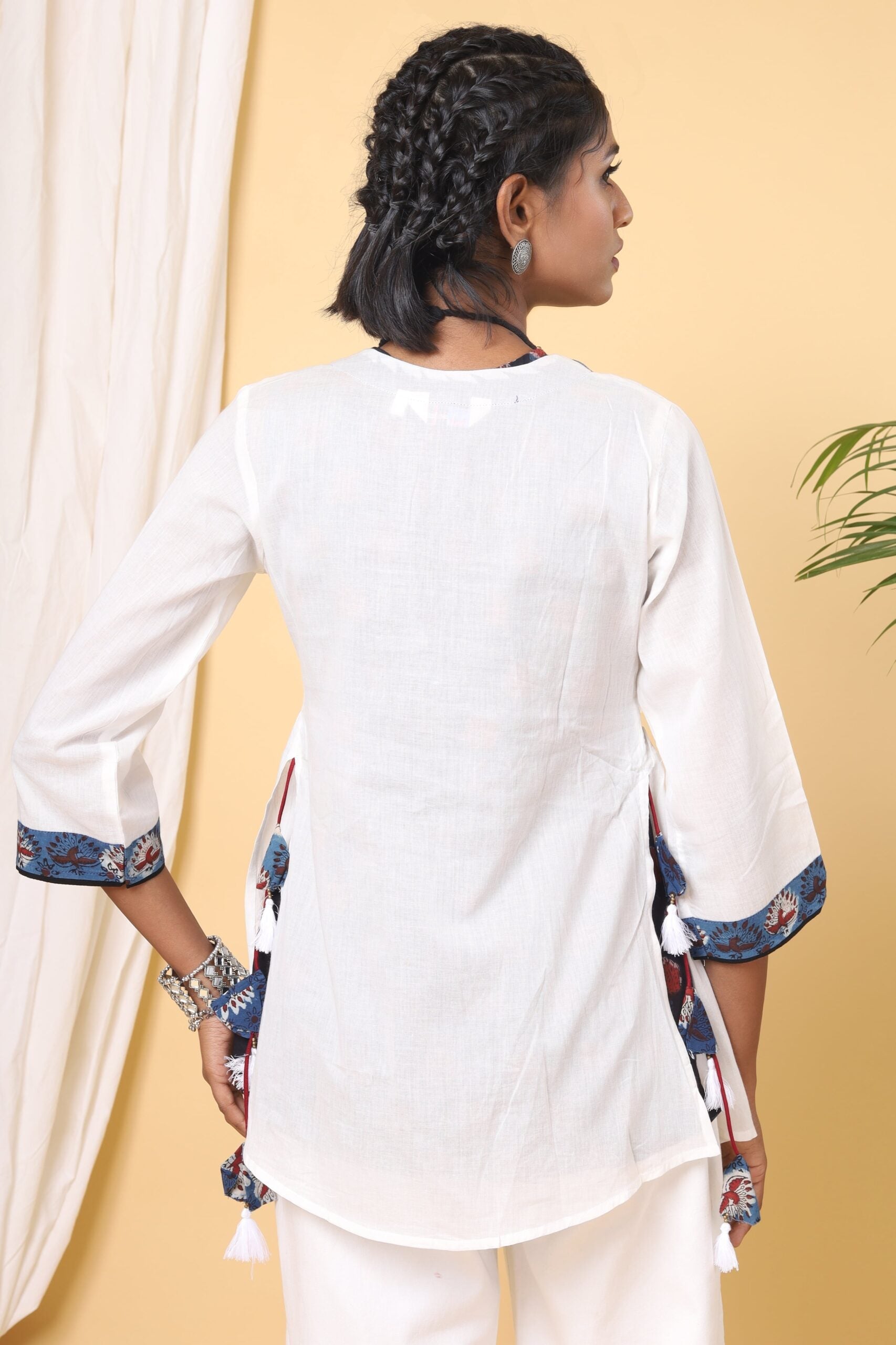 White and Indigo Handblock Printed Tier Short Top