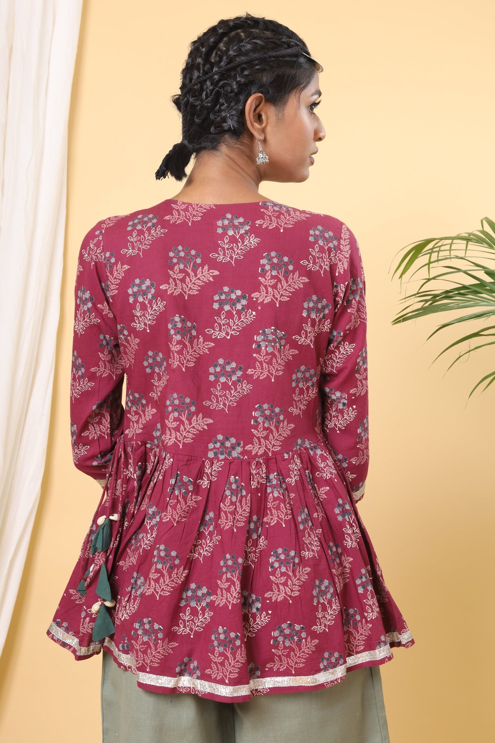 Wine Colour Gota Detailed Handblock Printed Top