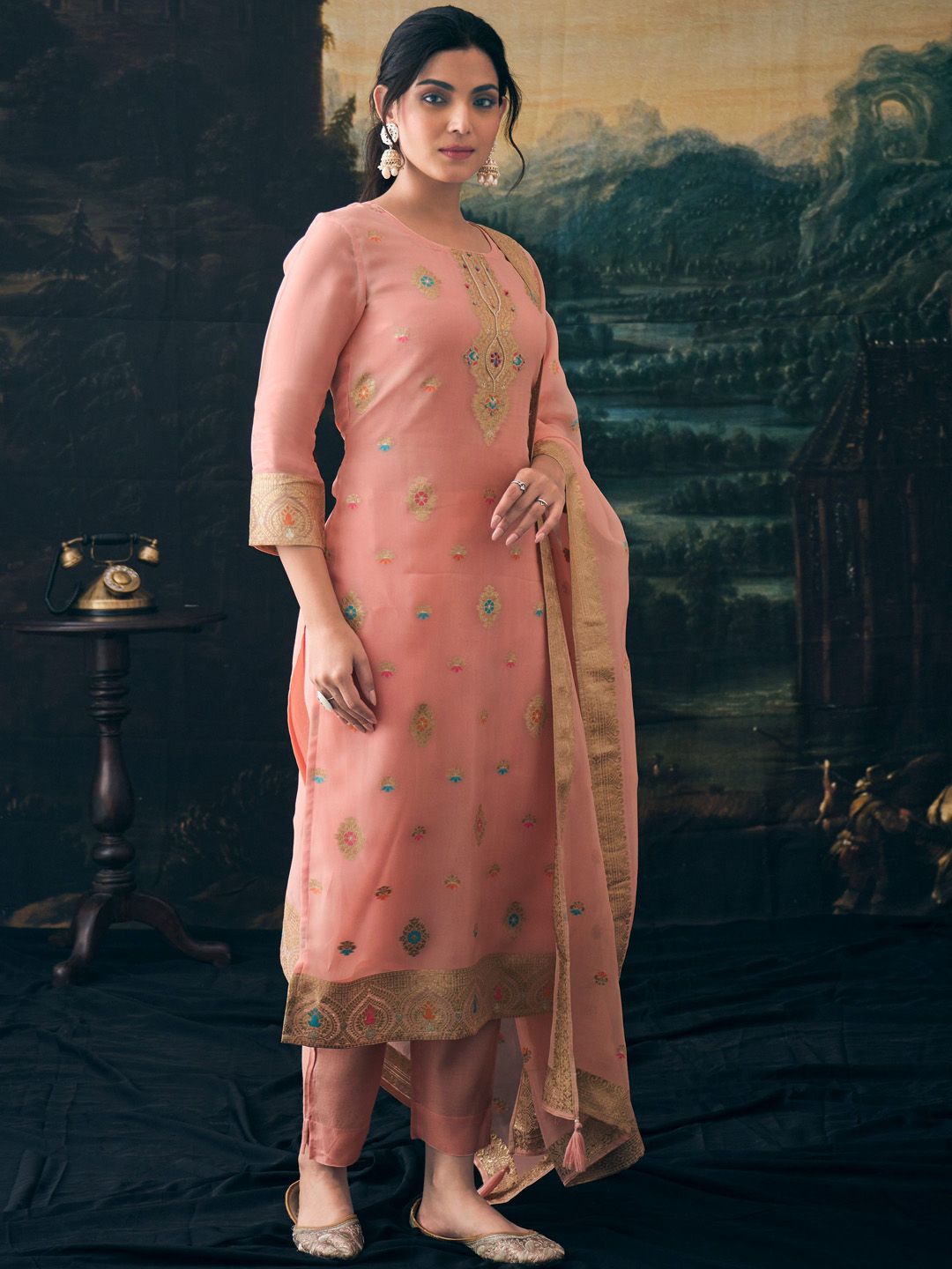 Label khoj Pure viscose Georgette silk with heavy Meena and handwork kurta set