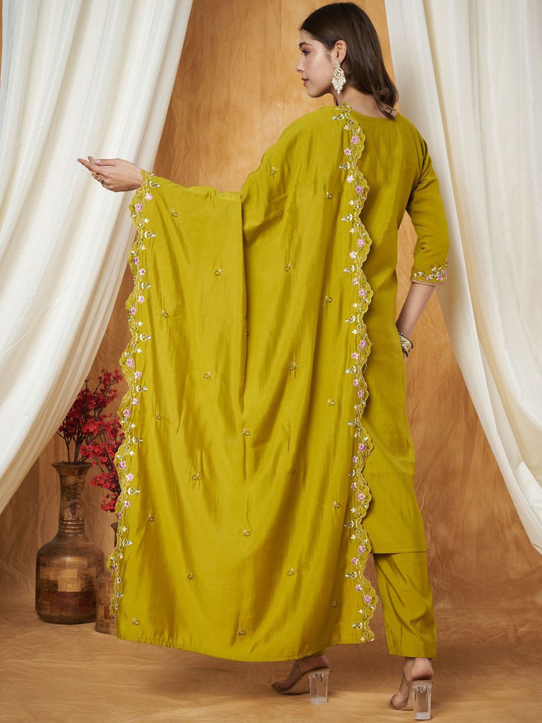 Label Khoj Women's Parrot Silk Blend Embroidery Kurta with Pant and Dupatta