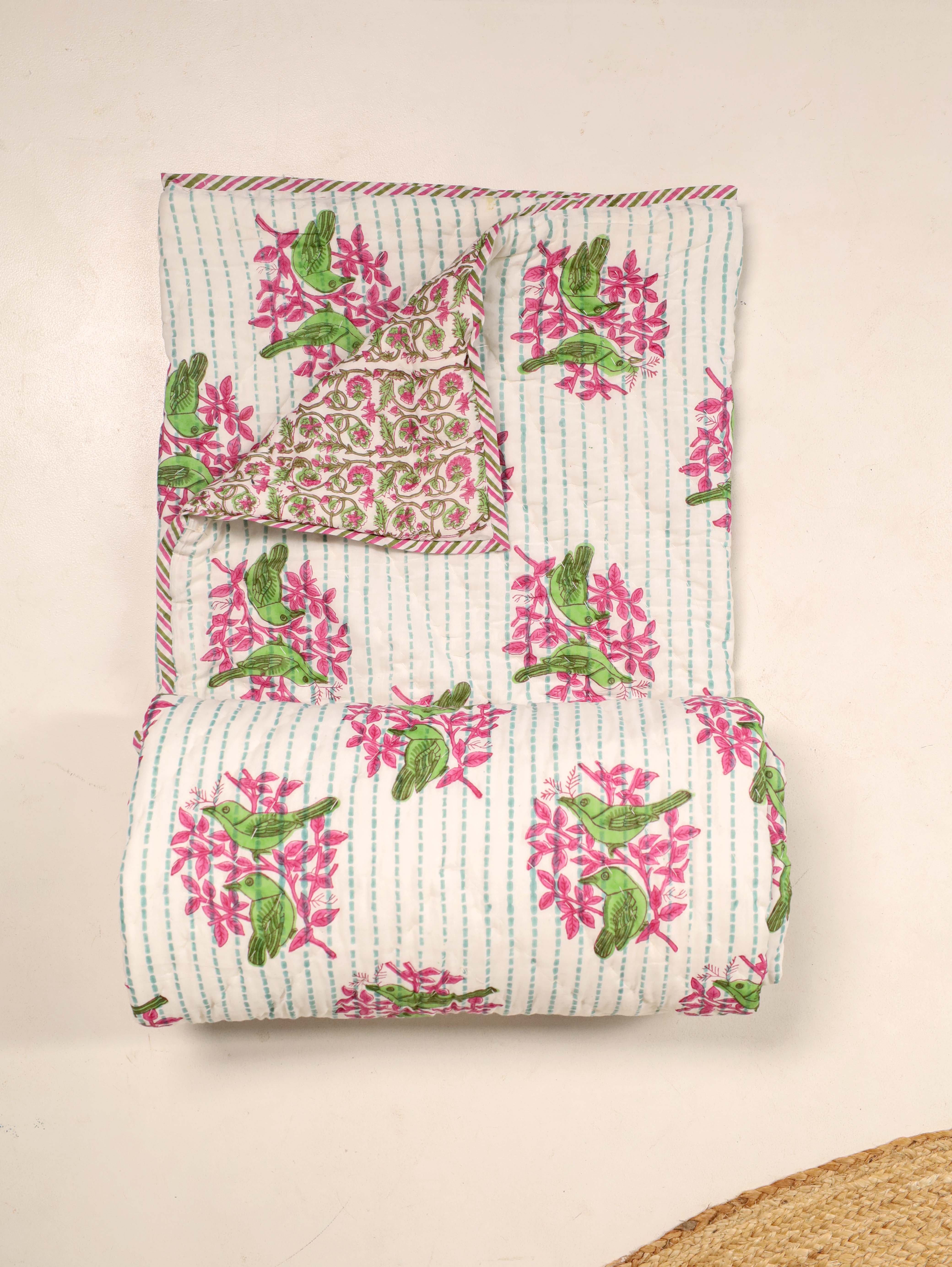Green and Pink Single Bed Reversible Quilted Razai