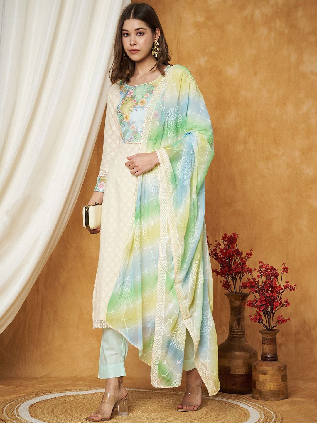 Label Khoj Women's Green Cotton Jacquard Patch Work Kurta with Pant and Dupatta